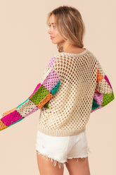 BiBi Multicolor Checkered Long Sleeve Knit Top - Trendy Open Knit Scoop Neck